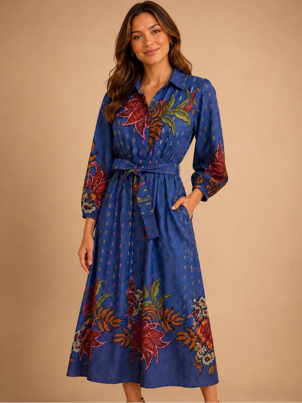 CELINA MOON Blue Floral Button-Front Midi Dress with Tie Waist